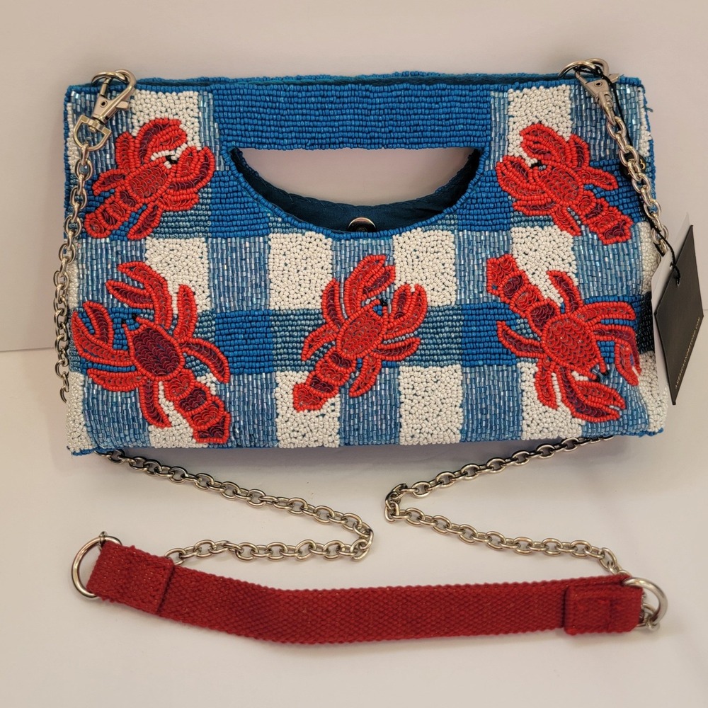 America & Beyond Beaded Lobster Gingham Clutch Crossbody Bag Blue White Red NEW